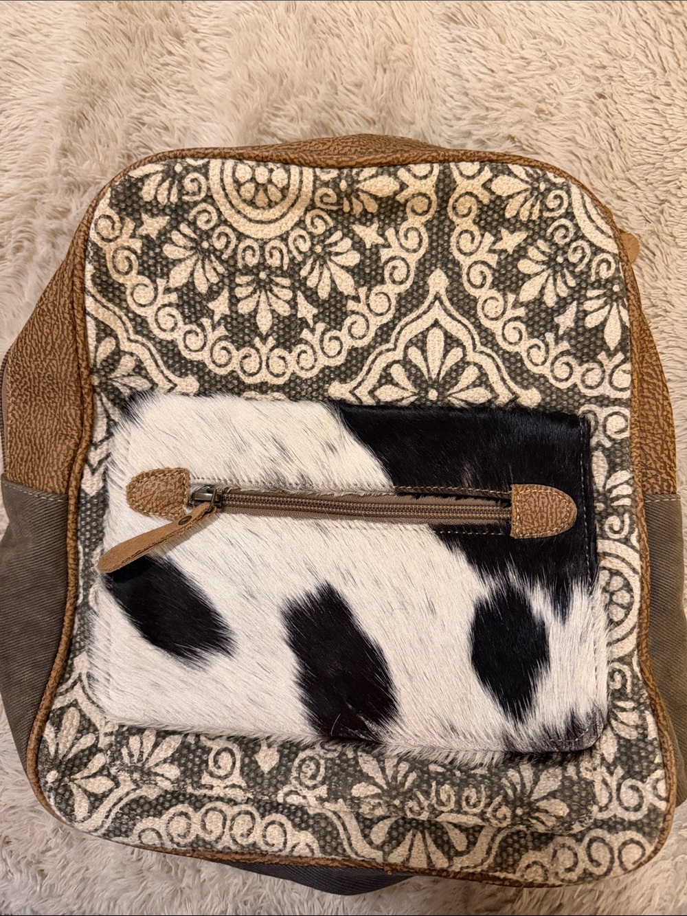 Myra Bag Black & White Cowhide Canvas Backpack with Tan Trim